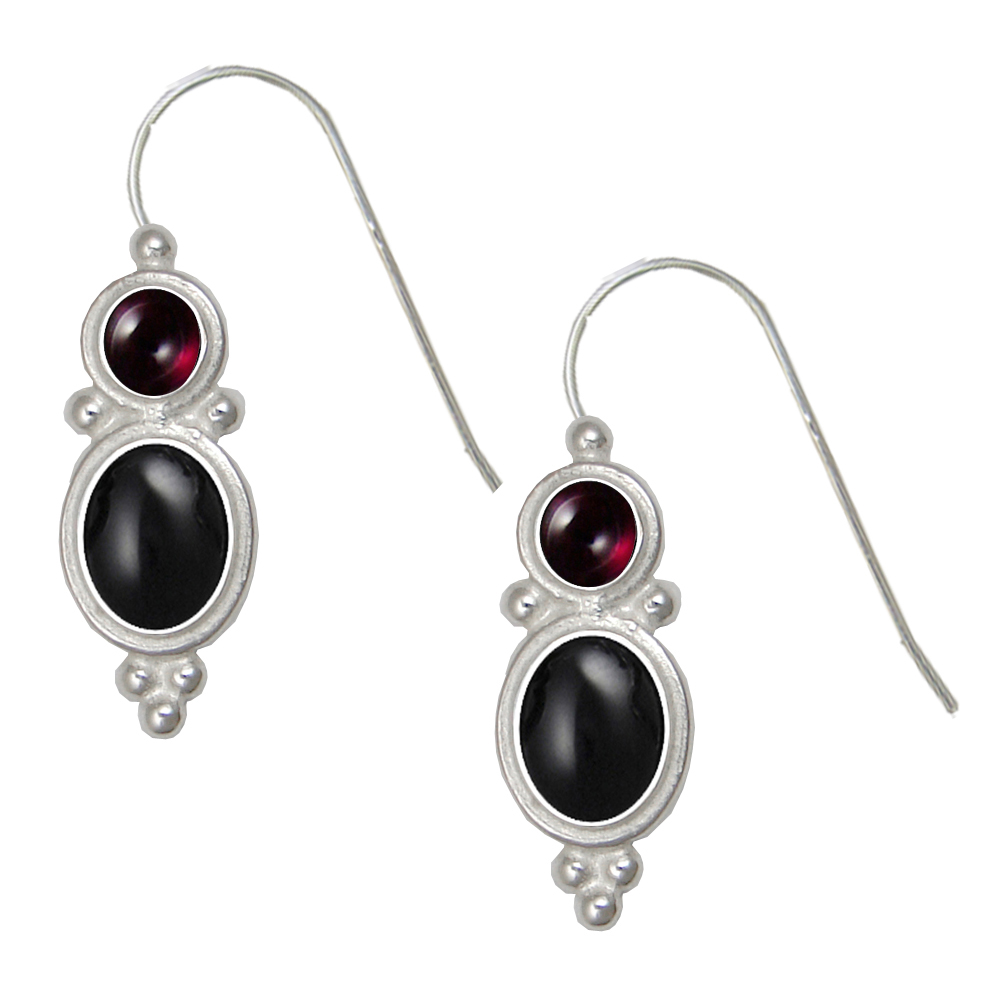 Sterling Silver Drop Dangle Earrings Black Onyx And Garnet